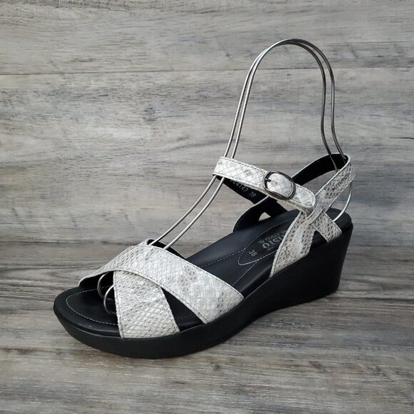 Mephisto Grey Leather Snake Print Wedge Sandals - Picture 6 of 16